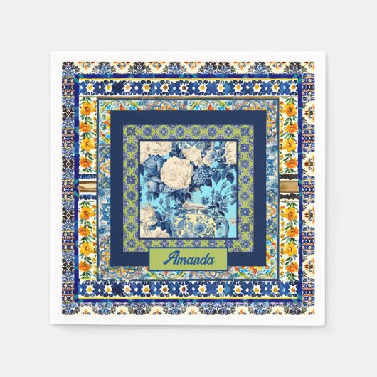 Serviette En Papier Élégante chine à carreaux bleu floral note monogra (Devant)