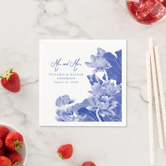 Serviette En Papier Élégante Chinoiserie Bleue Blanc M. et Mme Mariage (En situation)