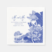 Serviette En Papier Élégante Chinoiserie Bleue Blanc M. et Mme Mariage (Devant)
