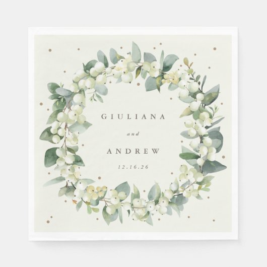 Serviette En Papier Elégante crème Snowberry+Eucalyptus Wreath Mariage (Devant)