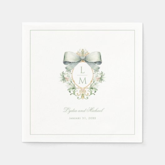 Serviette En Papier Élégante crête avec mâchoire verte Sage | Mariage (Devant)