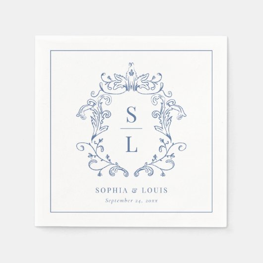Serviette En Papier Élégante crête baroque Monogramme Mariage bleu (Devant)