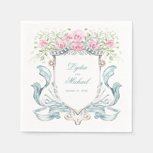 Serviette En Papier Élégante Crête Rose avec Bow | MARIAGE (Devant)