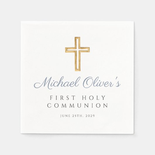 Serviette En Papier Elégante Croix Bleue Dusty Boy First Communion (Devant)