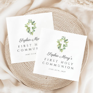 Serviette En Papier Elégante Croix Botanique Verte Première Communion