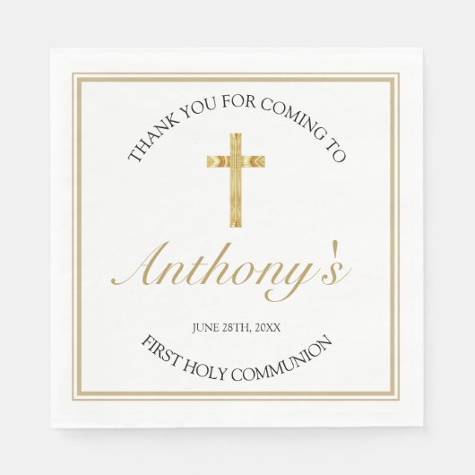 Serviette En Papier Elégante Croix d'or Première Sainte Communion Blan (Devant)