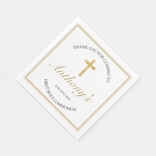 Serviette En Papier Elégante Croix d'or Première Sainte Communion Blan (Coin)