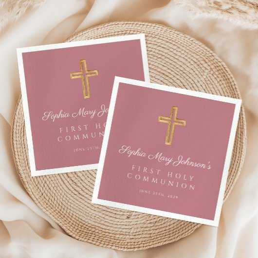 Serviette En Papier Élégante Croix religieuse rose Première communion 