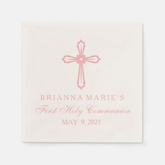 Serviette En Papier Élégante Croix rose Première communion Personnalis (Devant)