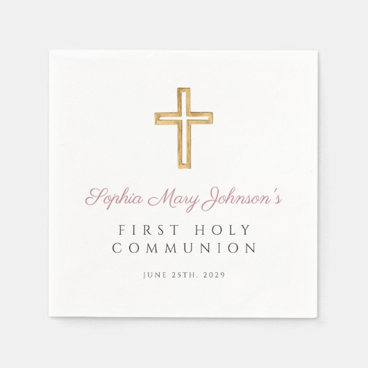 Serviette En Papier Elégante Croix rose Religieuse Fille Première Comm (Devant)