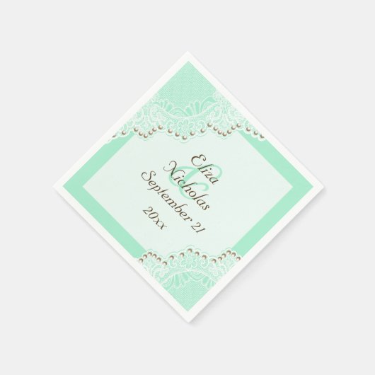 Serviette En Papier Elégante dentelle blanche avec perles mariage vert (Coin)