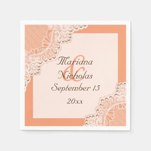Serviette En Papier Elégante dentelle blanche et perles corail orange  (Devant)