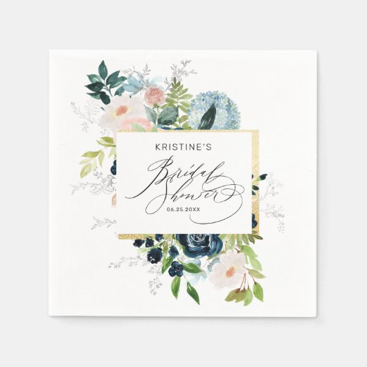 Serviette En Papier Élégante Douche de Mariée Rose Bleu Aquarelle (Devant)