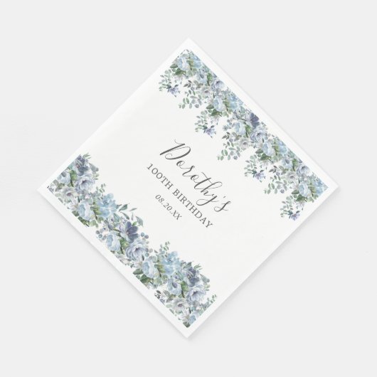 Serviette En Papier Elégante Dusty Blue Floral 100e Anniversaire Perso (Coin)