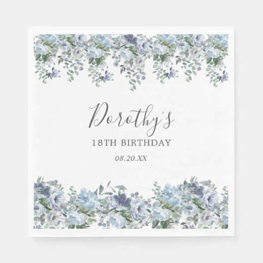 Serviette En Papier Elégante Dusty Blue Floral 18e anniversaire Custom (Devant)