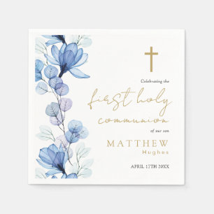 Serviette En Papier Elégante Dusty Blue Floral Première Communion Sain