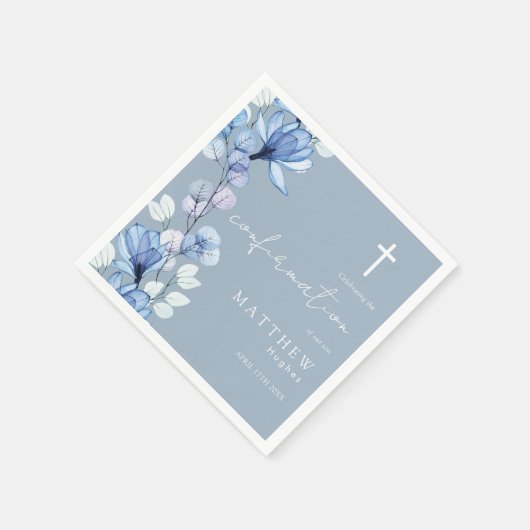 Serviette En Papier Élégante Dusty Blue Transparent Floral Confirmatio (Coin)