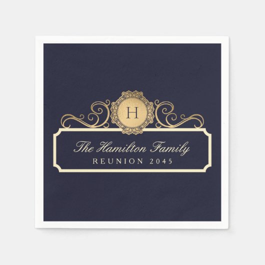 Serviette En Papier Elégante famille Réunion or Monogramme Marine (Devant)