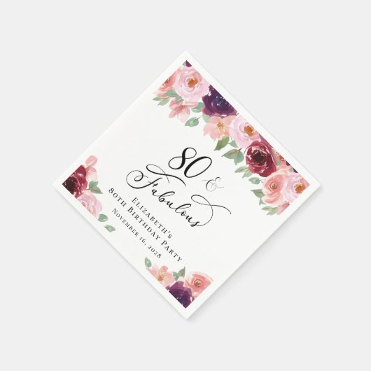 Serviette En Papier Elégante fête florale 80e anniversaire (Coin)