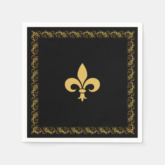 Serviette En Papier Elégante fleur de Lis d'or en noir (Devant)