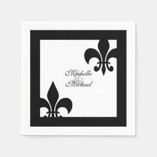 Serviette En Papier Élégante Fleur de Lis Mariage noir blanc