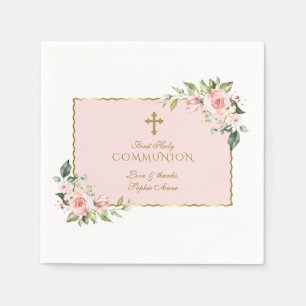 Serviette En Papier Elégante Fleurs de Blush Croix d'Or Communion sain