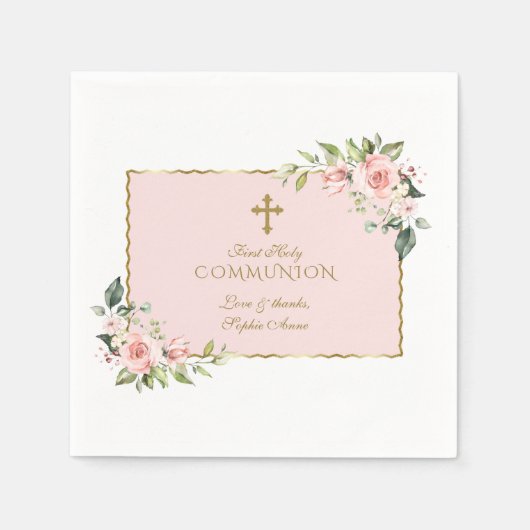Serviette En Papier Elégante Fleurs de Blush Croix d'Or Communion sain (Devant)