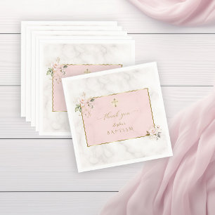 Serviette En Papier Élégante Fleurs Roses Baptême Or