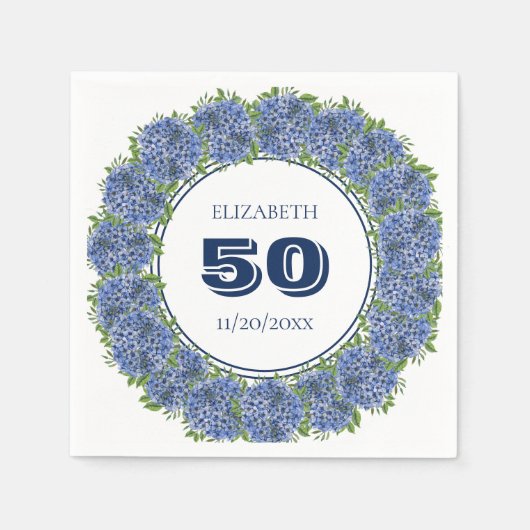 Serviette En Papier Elégante Floral Blue Hydrangea 50e fête d'annivers (Devant)