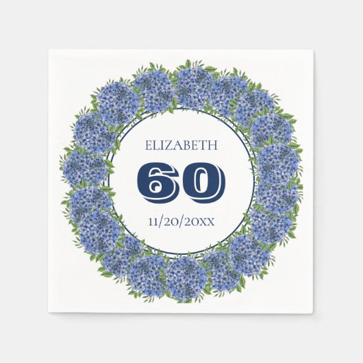 Serviette En Papier Elégante Floral Blue Hydrangeas 60ème anniversaire (Devant)