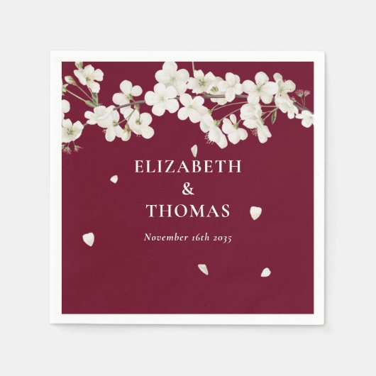 Serviette En Papier Élégante florale Bourgogne Mariage Blancs (Devant)