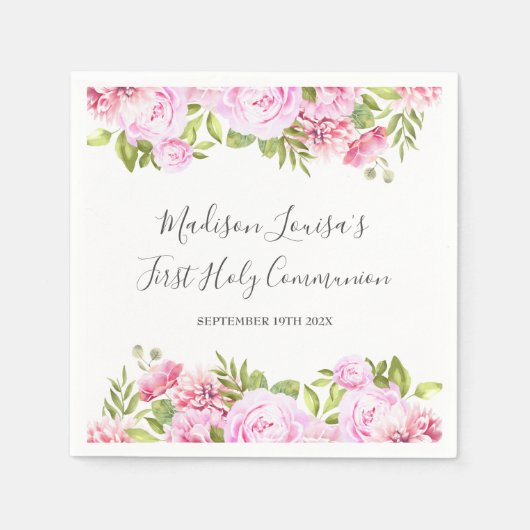 Serviette En Papier Élégante florale rose Première communion sainte (Devant)