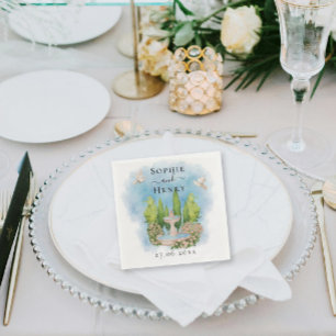 Serviette En Papier Elégante Fontaine   fleurs colombes Mariage Luxe