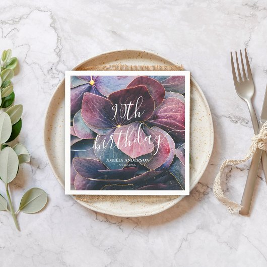 Serviette En Papier Elégante Gold Purple Blue Hydrangeas 90e anniversa