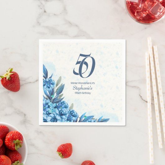 Serviette En Papier Elégante hiver Fleurs Bleues Bleues 50e anniversai (En situation)