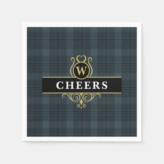 Serviette En Papier Élégante initiale de monogramme à carreaux noir et (Devant)