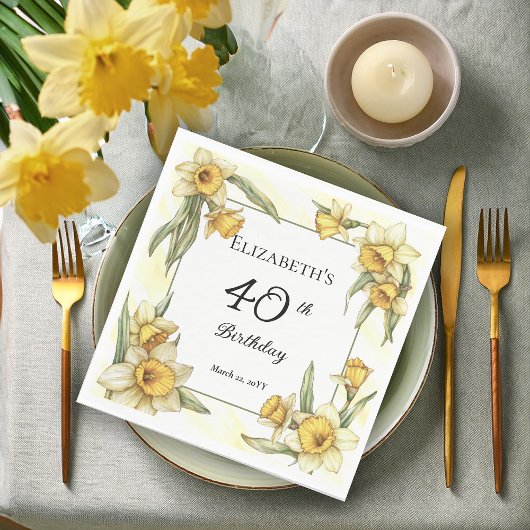 Serviette En Papier Élégante jonquille jaune 40e anniversaire floral