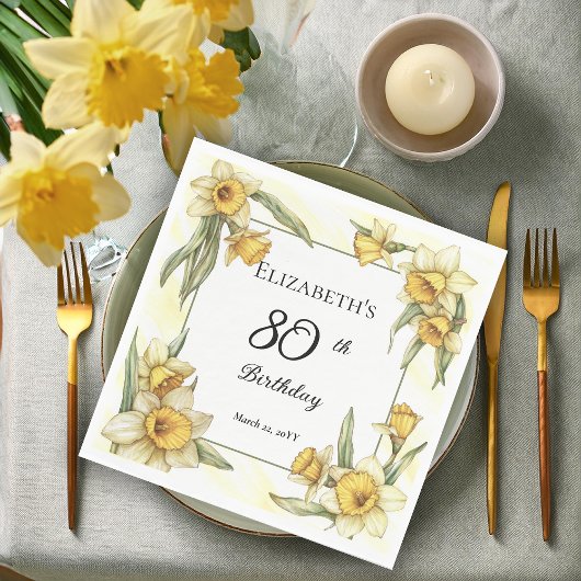Serviette En Papier Élégante jonquille jaune Floral 80e anniversaire
