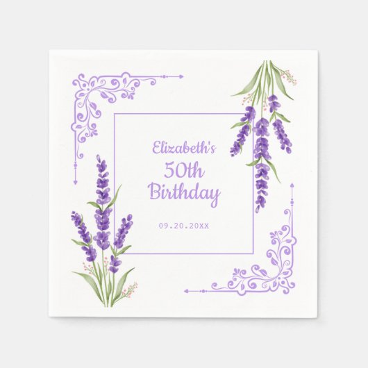 Serviette En Papier Elégante Lavande violette Antique Frame Anniversai (Devant)