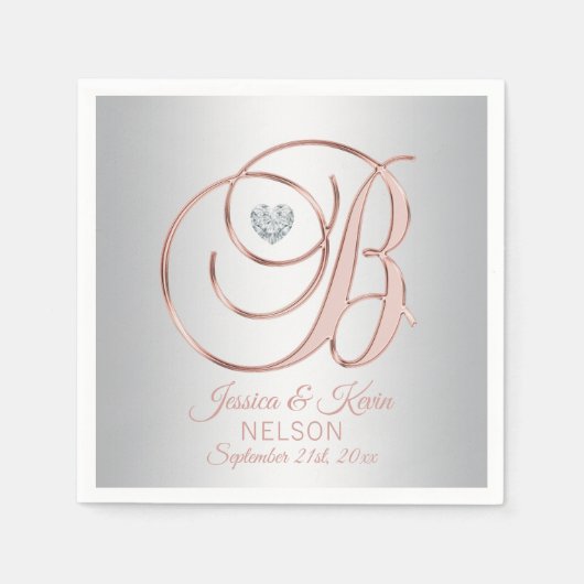 Serviette En Papier Élégante lettre 'B' Rose gris argent Mariage or (Devant)