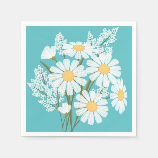 Serviette En Papier Elégante marguerite florale blanche sur Turquoise (Devant)