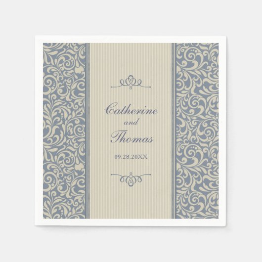 Serviette En Papier Elégante Mariage Motif de couleur bleue et beige (Devant)