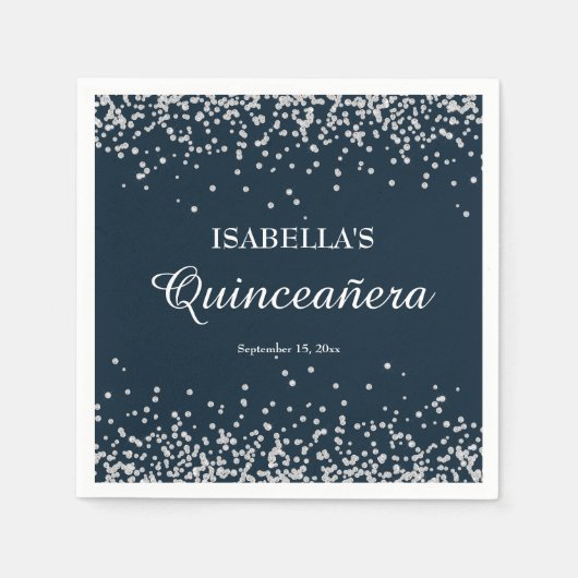 Serviette En Papier Elégante Marine Bleu Parties scintillant argent Qu (Devant)