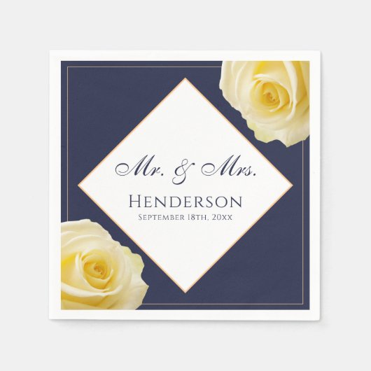 Serviette En Papier Élégante Marine Blue Rose jaune Rose Floral Party (Devant)