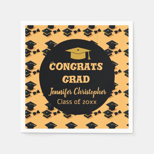 Serviette En Papier Élégante Mignonne Classique Noir & Jaune Graduatio (Devant)