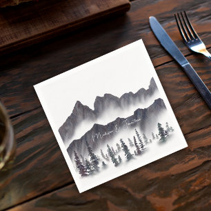 Serviette En Papier Elégante Montagnes noires et blanches Forêt rustiq