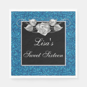 Serviette En Papier Élégante Parties scintillant Bleue Chic Rose Argen