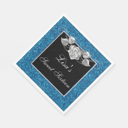 Serviette En Papier Élégante Parties scintillant Bleue Chic Rose Argen (Coin)