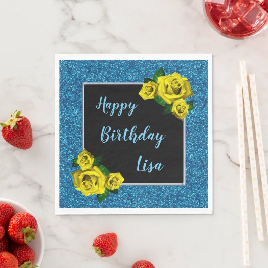 Serviette En Papier Elégante Parties scintillant Bleue Chic Roses Jaun (En situation)