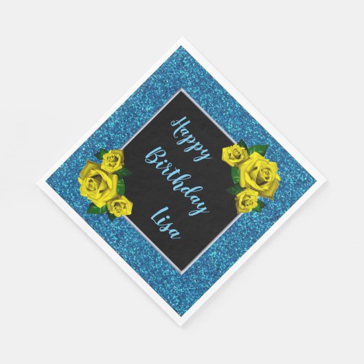 Serviette En Papier Elégante Parties scintillant Bleue Chic Roses Jaun (Coin)